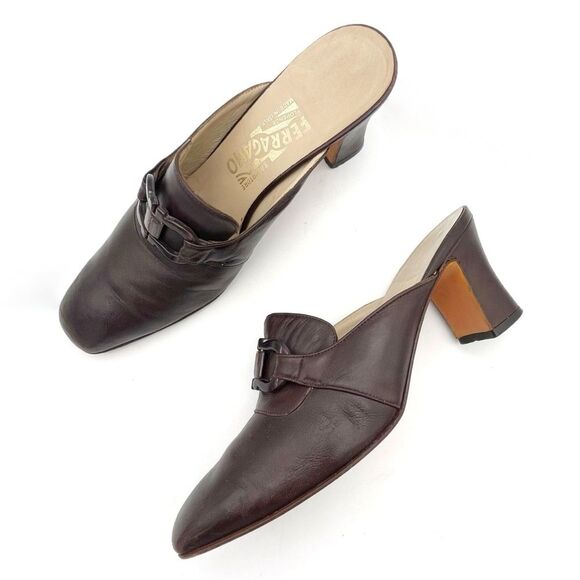 Vintage Salvatore Ferragamo Chocolate Brown Leather Square Toe Mules Size 8.5 - Picture 2 of 16